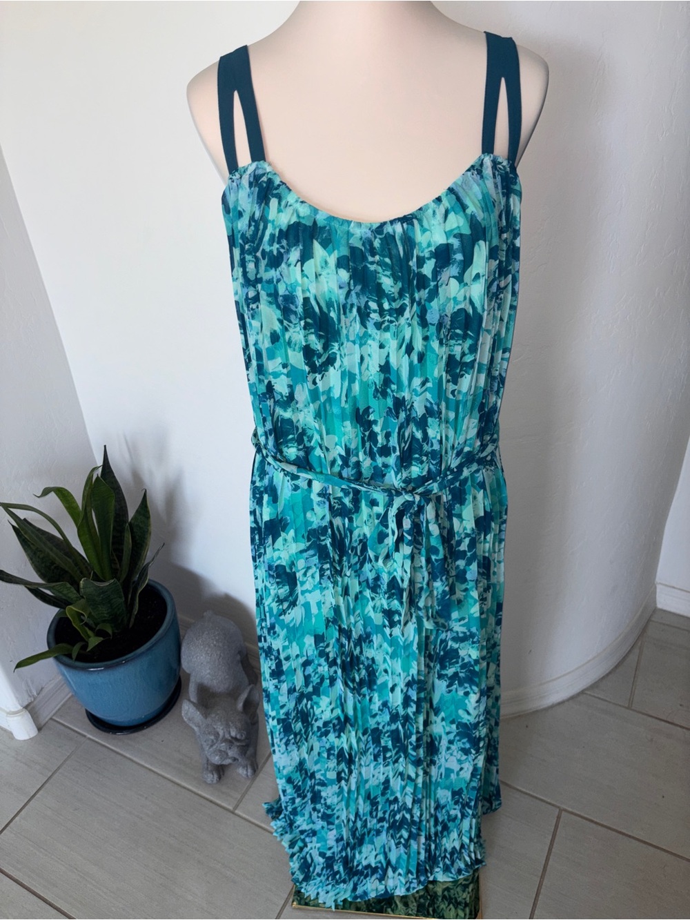 Lane Bryant Sleeveless Teal Print Maxi Dress with Tie Waist